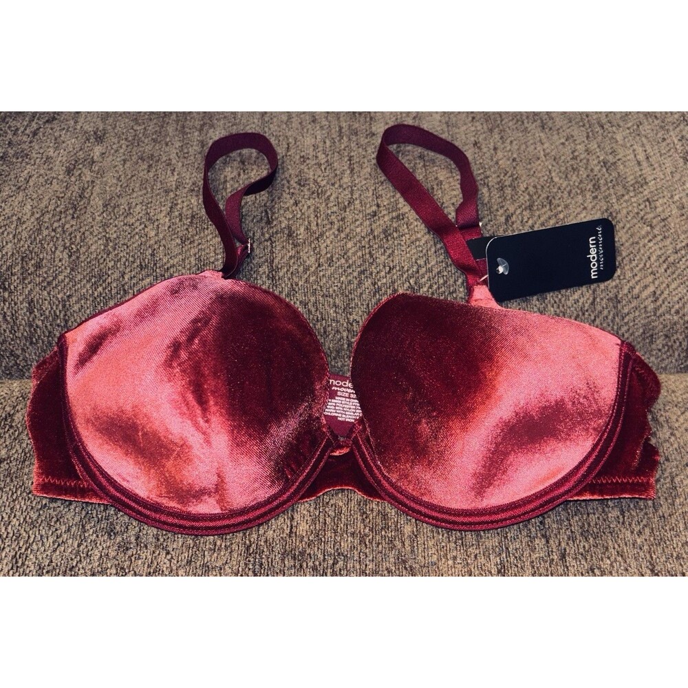 Modern Movement Velvet Underwire Bra 32B Burgundy Red